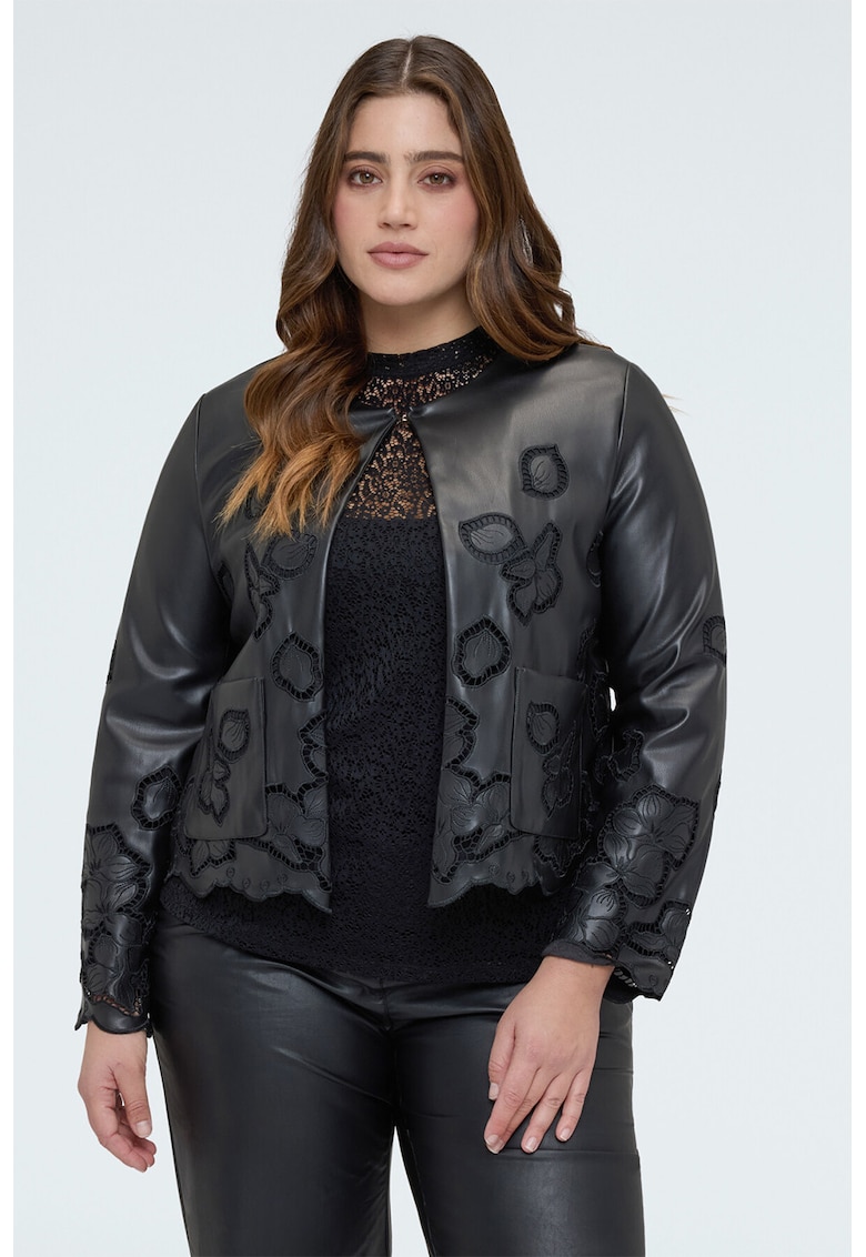 Jacheta din piele sintetica cu model floral - Negru