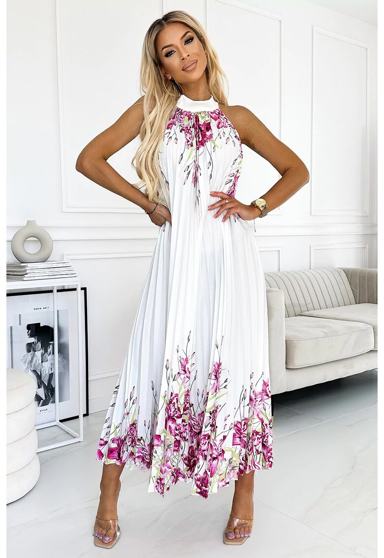 Rochie maxi din satin plisat - alb cu flori UNI