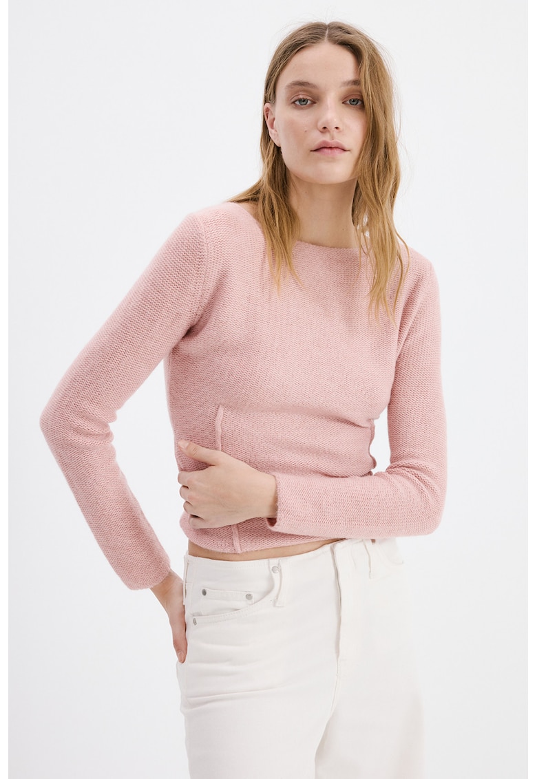 Pulover slim-fit din amestec de lana cu decolteu barcuta - Roz pal