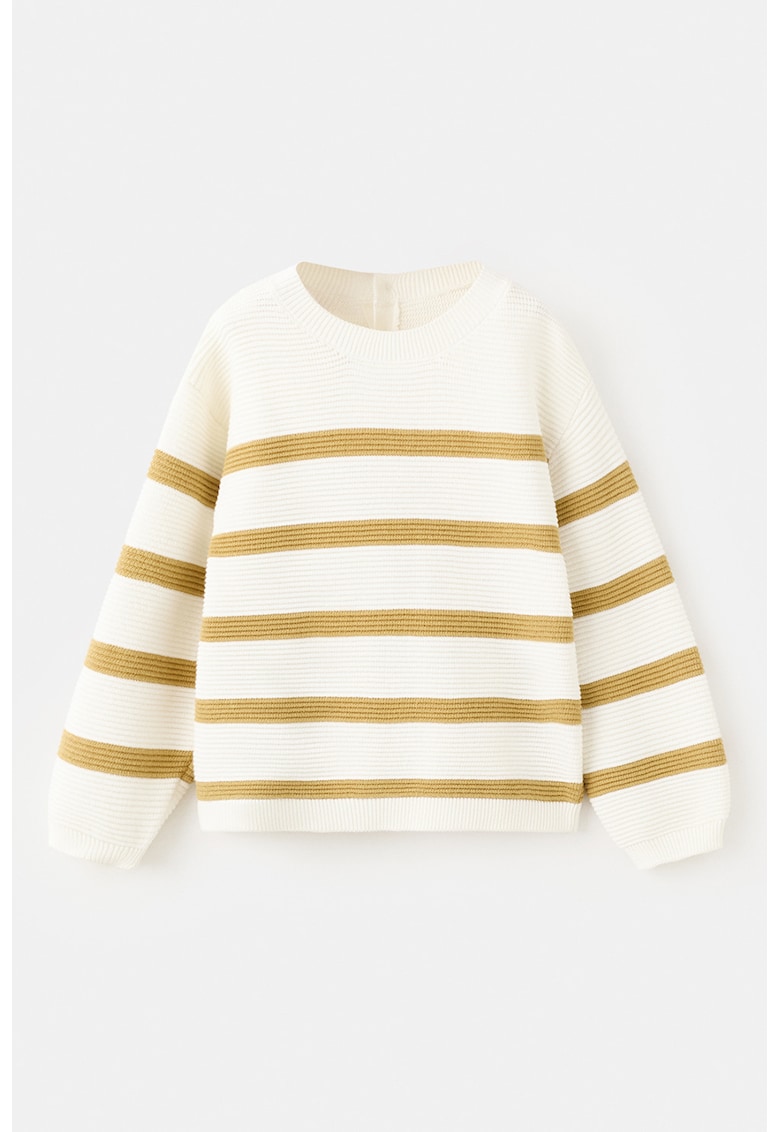 Pulover din bumbac cu model in dungi si maneci cazute - Maro nisip/Crem
