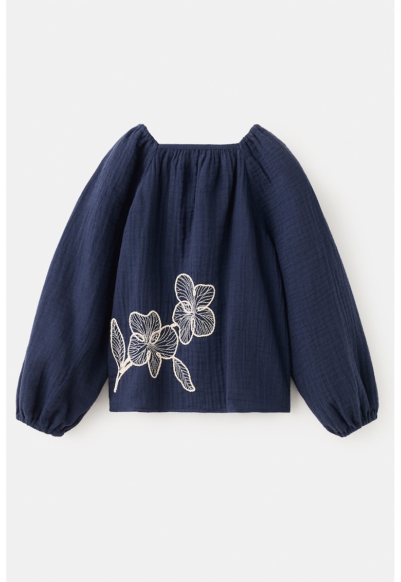 Bluza din bumbac cu maneci bufante - Alb fildes/Bleumarin