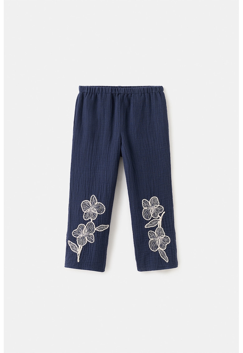 Pantaloni din bumbac cu detalii brodate - Alb fildes/Albastru ultramarin