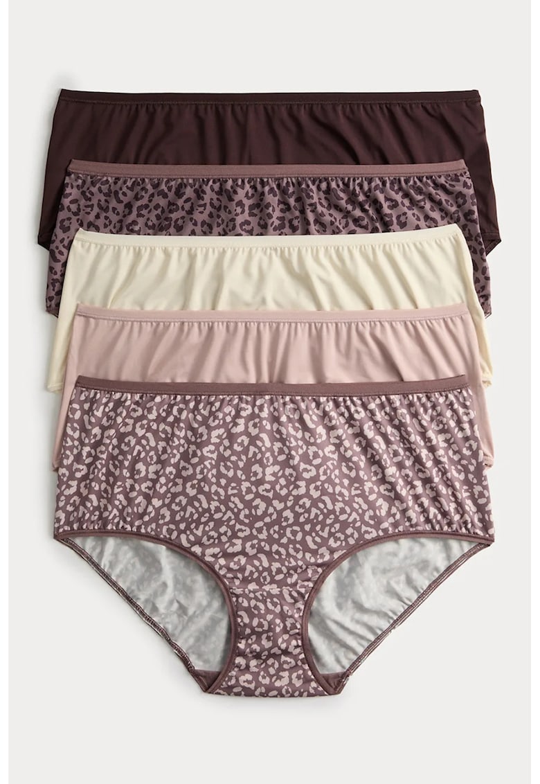 Set de chiloti hipster cu imprimeu - 5 perechi - Alb fildes/Maro/Roz prafuit
