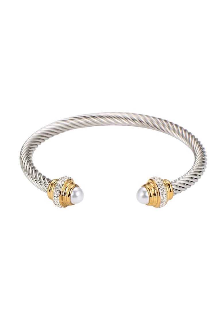 Bratara argintie - din otel inoxidabil - suflata cu aur 18k - tip bangle - cu pietre si perle - Petsy C4
