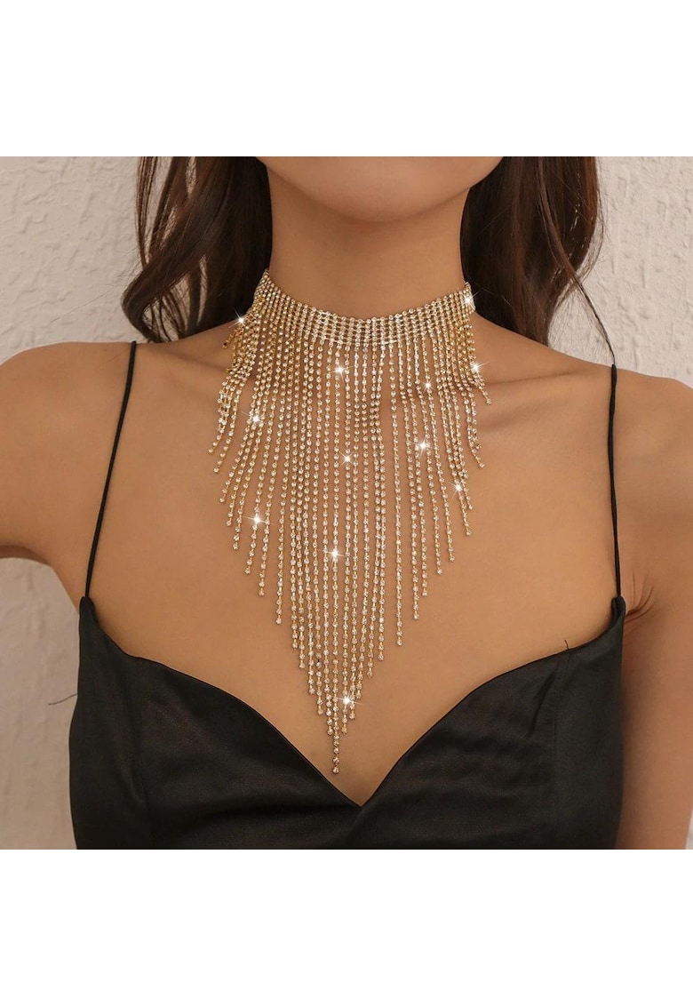 Colier choker - auriu - lung - cu franjuri si pietre - Amos C2