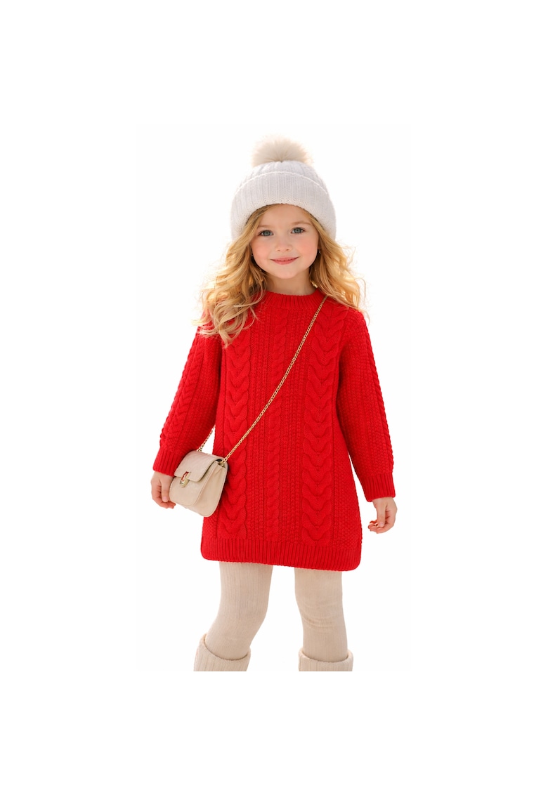 Rochie Pulover Fetite Rosie Tricotata Maneca Lunga Model Impletit Casual Elegant