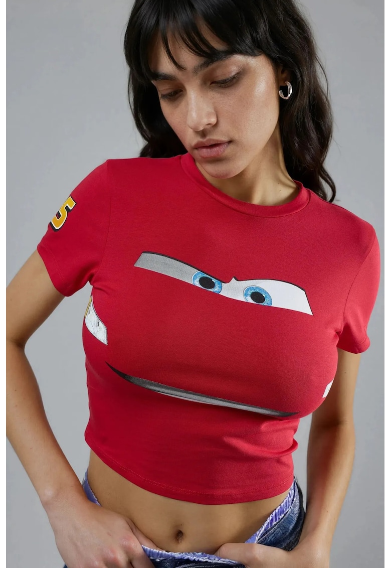 Tricou scurt dama - cu imprimeu - bumbac-elastan - rosu
