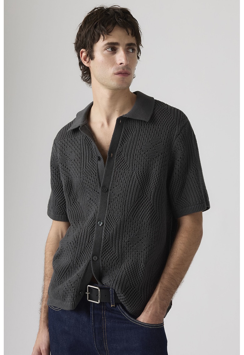 Tricou polo din tricot cu nasturi - Gri antracit