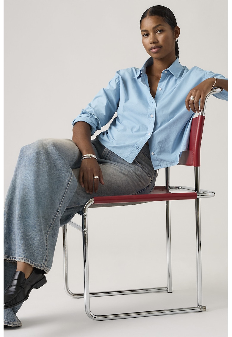 Camasa crop din bumbac - Albastru glaciar