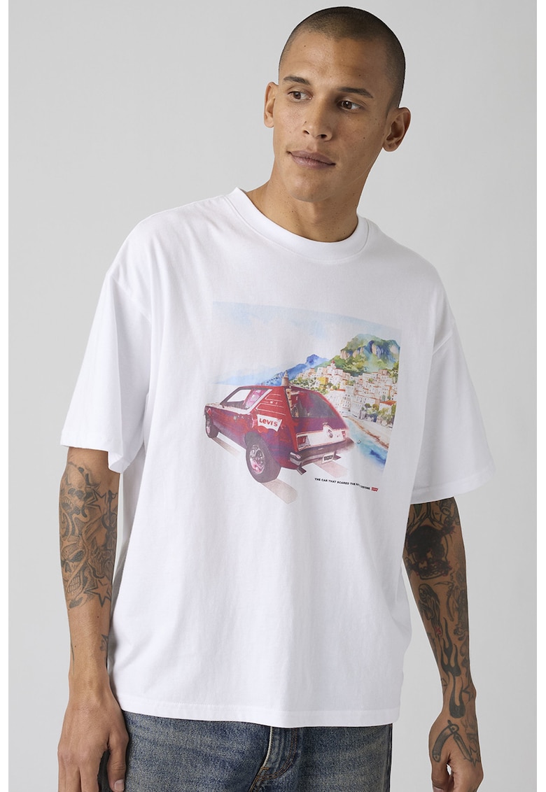 Tricou cu decolteu la baza gatului si imrimeu grafic - Albastru pastel/Roz pastel/Alb optic