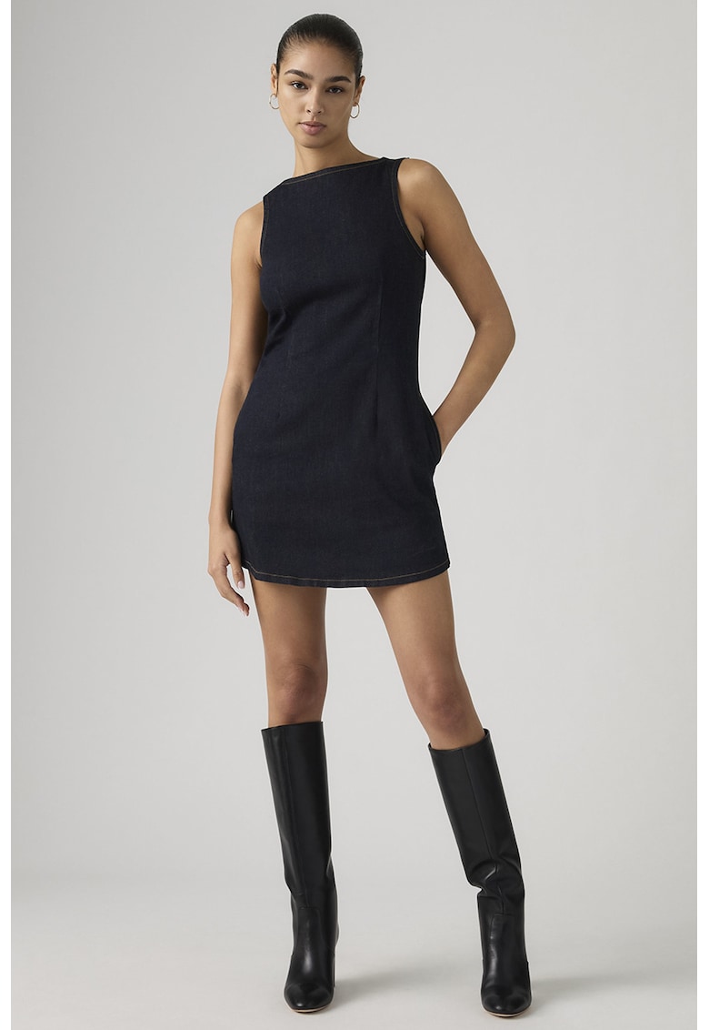 Rochie mini din denim cu decolteu barcuta - Negru