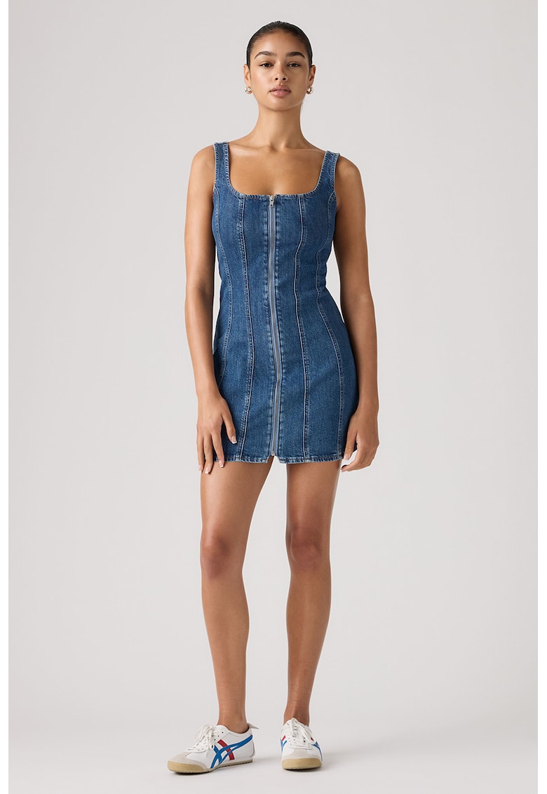 Rochie din denim cu cusaturii accentuate - Albastru inchis
