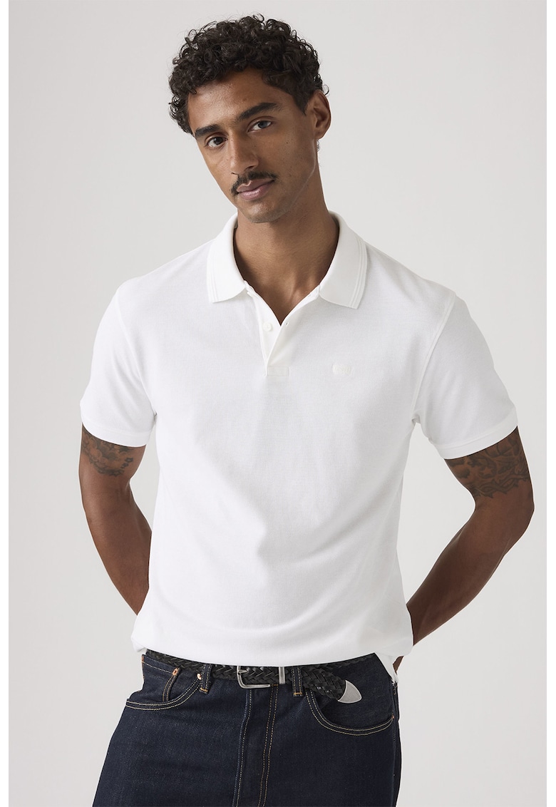 Tricou polo din bumbac pique cu dungi - Alb optic
