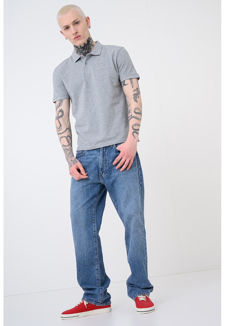 Tricou polo din bumbac pique cu dungi - Gri melange