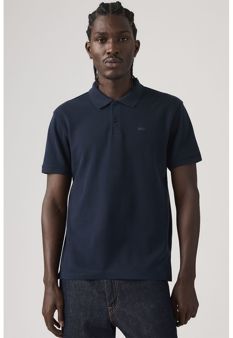 Tricou polo din bumbac pique cu dungi - Bleumarin