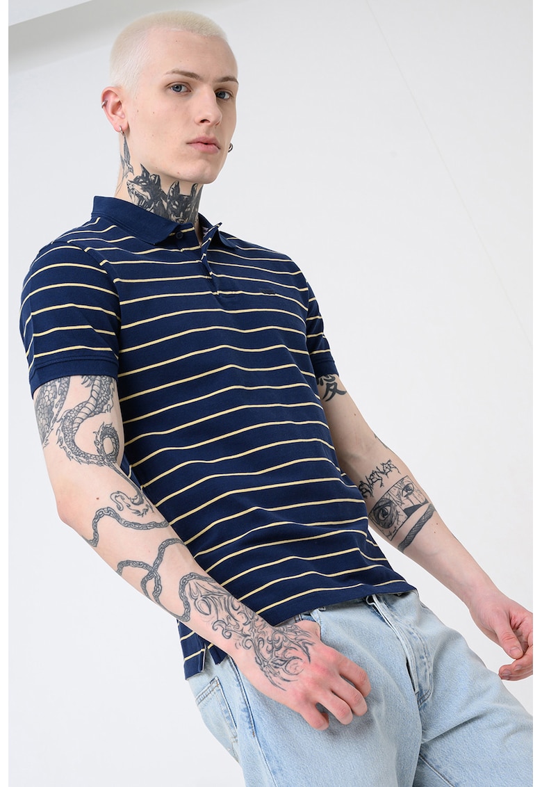 Tricou polo din bumbac pique cu dungi - Galben pai/Bleumarin