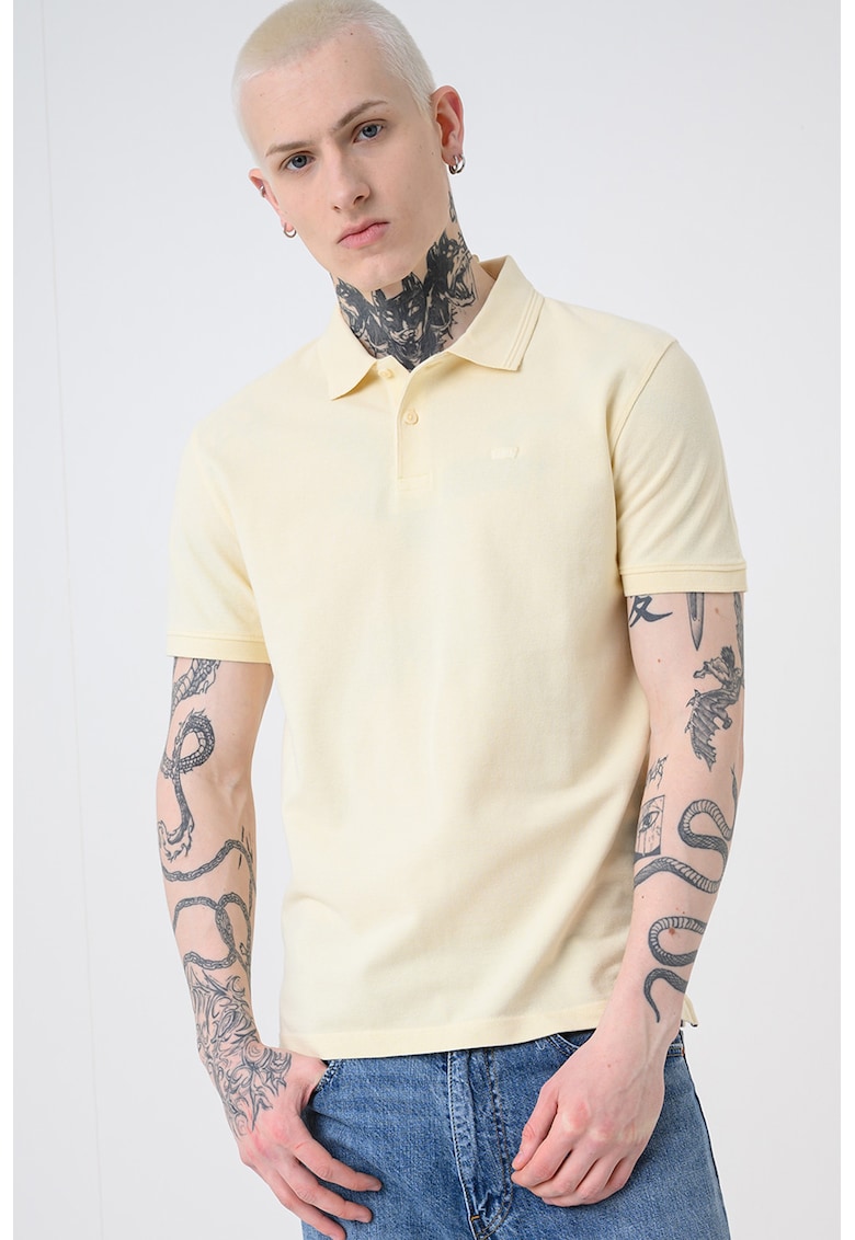 Tricou polo din bumbac pique cu dungi - Galben pal