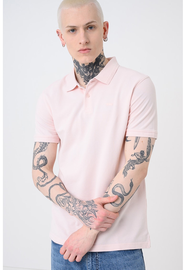 Tricou polo din bumbac pique cu dungi - Roz pastel