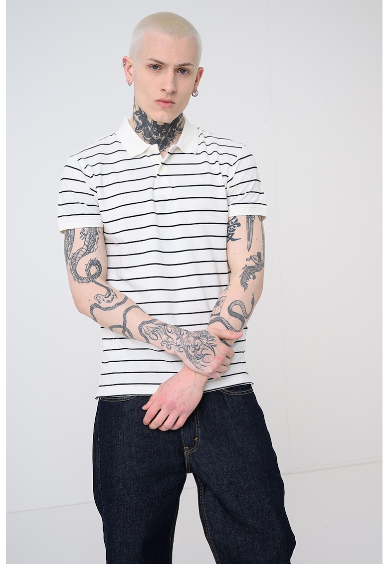Tricou polo din bumbac pique cu dungi - Alb/Negru