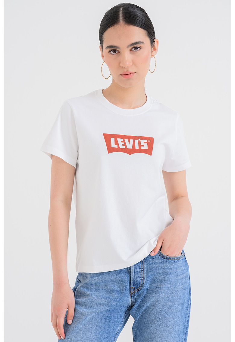 Tricou din bumbac cu decolteu la baza gatului - Alb/Rosu inchis