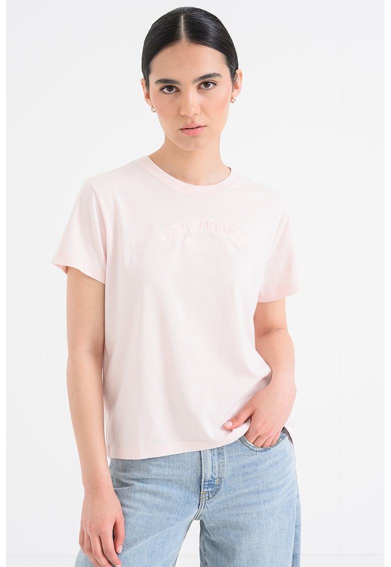 Tricou din bumbac cu decolteu la baza gatului - Roz pastel