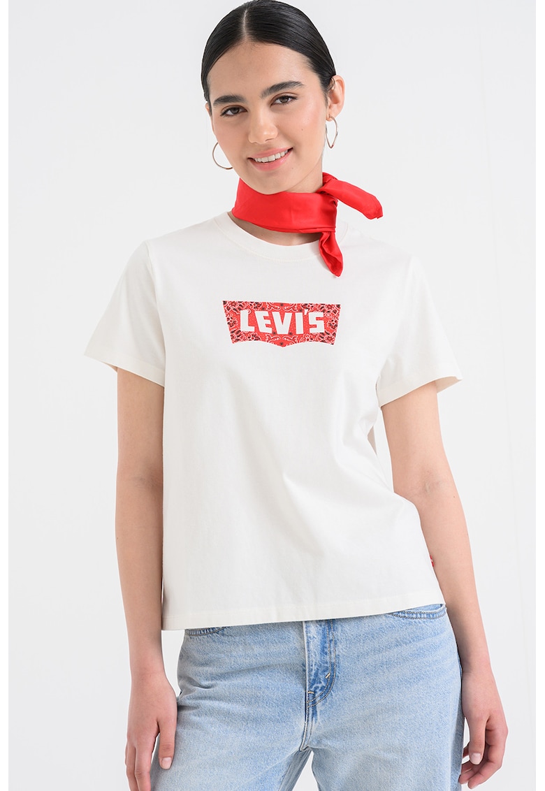 Tricou din bumbac cu decolteu la baza gatului - Rosu/Alb fildes