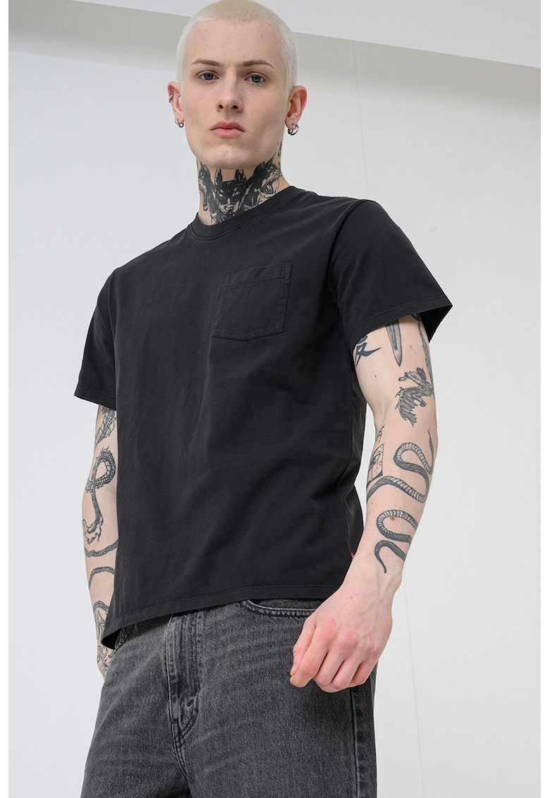 Tricou uni de bumbac cu buzunar pe piept - Negru stins