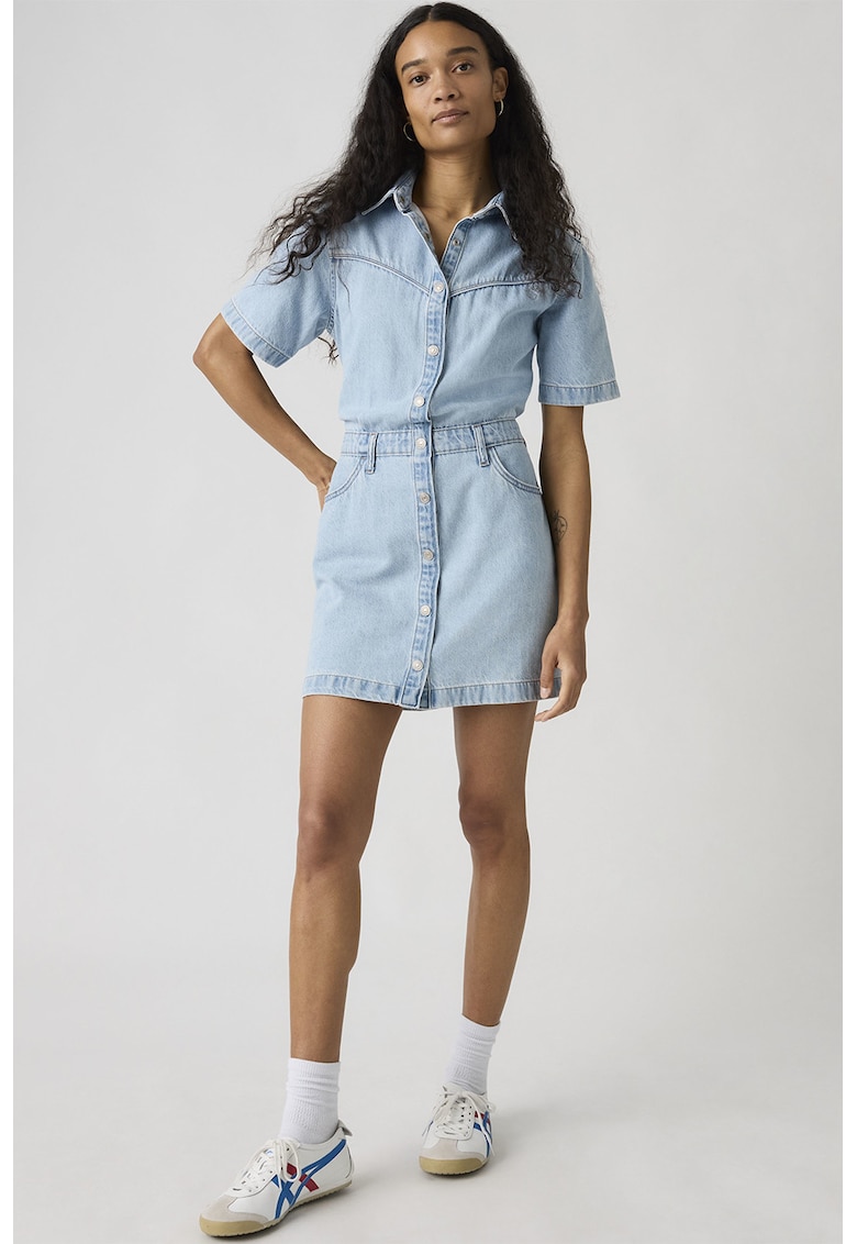 Rochie-camasa mini din denim - Albastru pastel