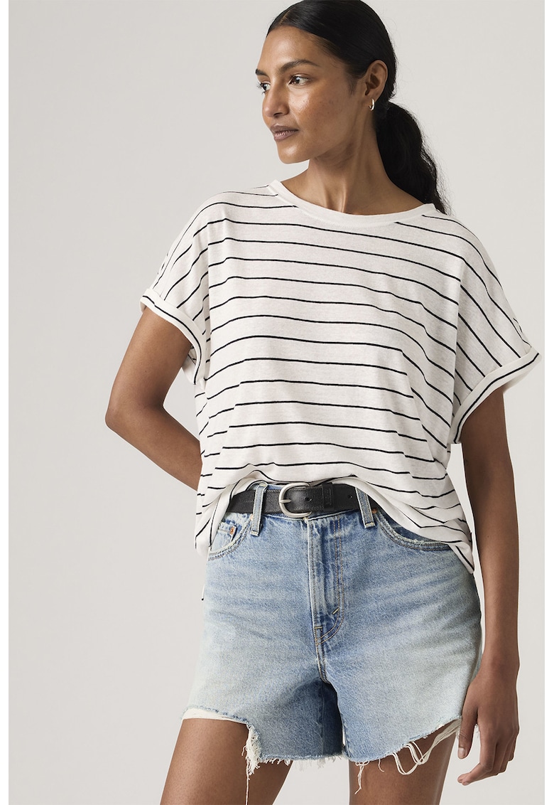 Tricou lejer din amestec de in - Alb/Bleumarin