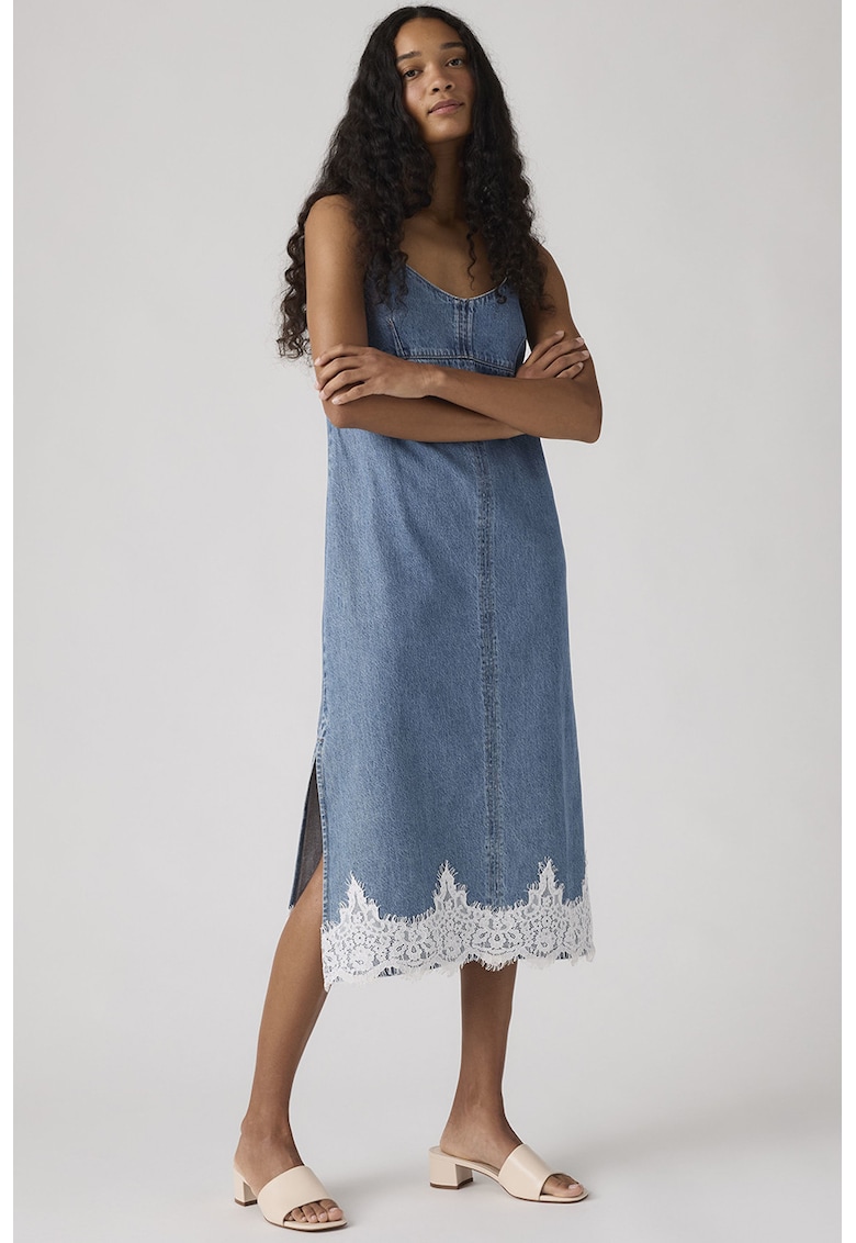 Rochie midi cu decolteu in V si slituri laterale - Albastru