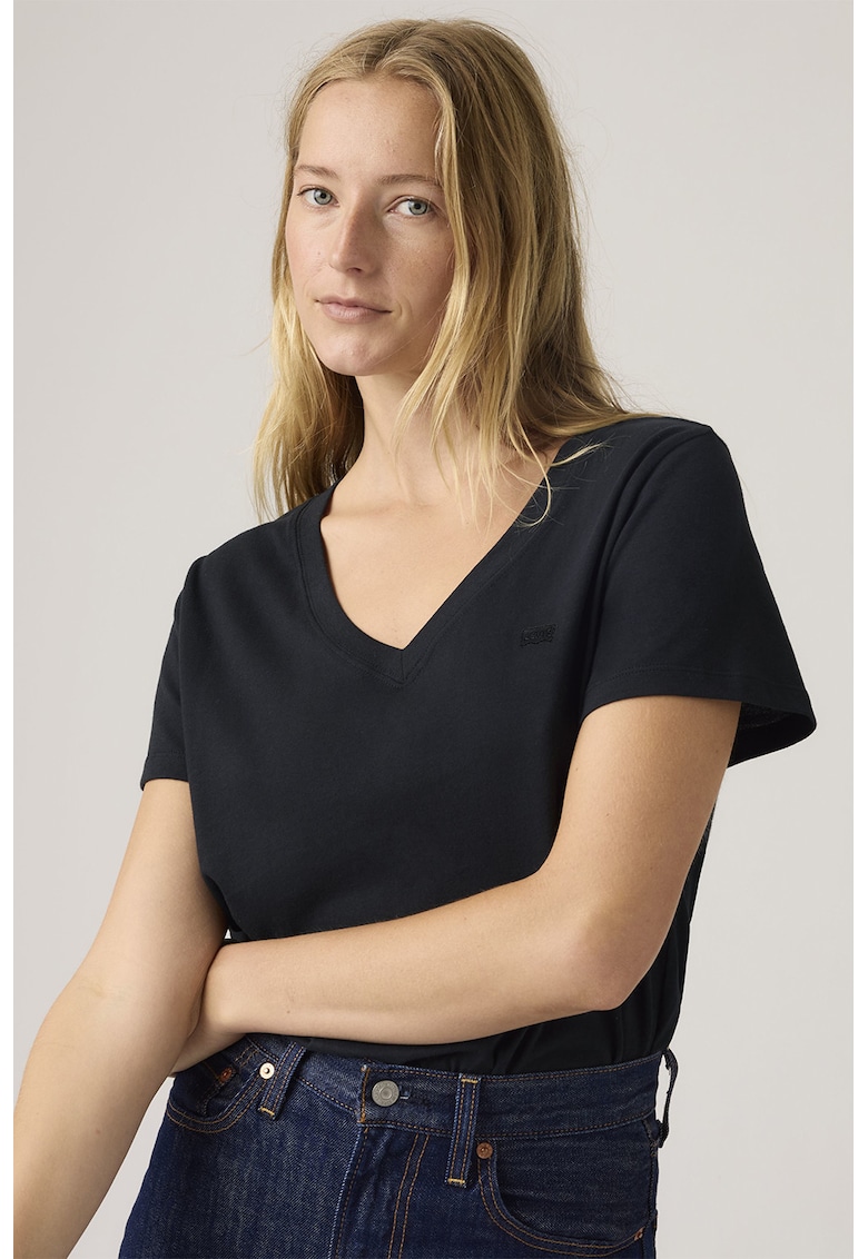 Tricou cu decolteu in V si detaliu logo - Negru