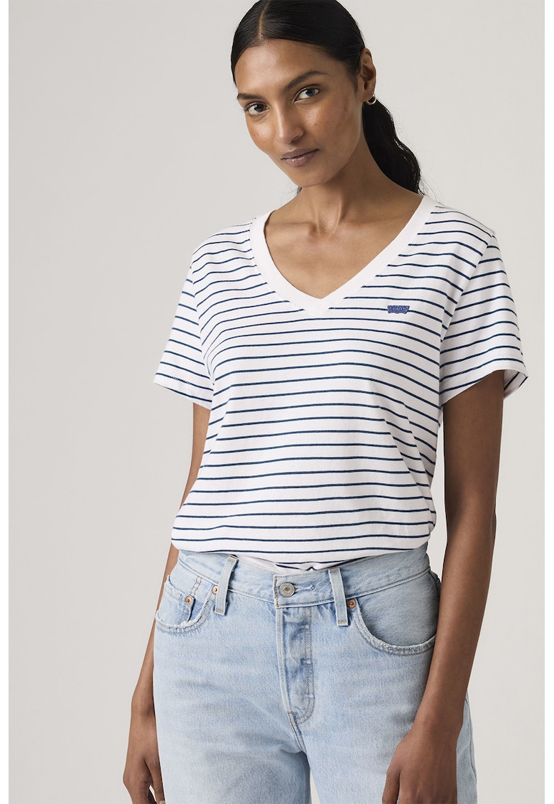 Tricou cu decolteu in V si detaliu logo - Alb/Albastru