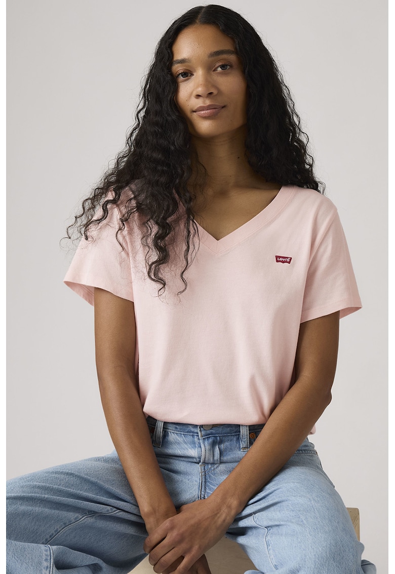 Tricou din bumbac cu decolteu in V - Piersica
