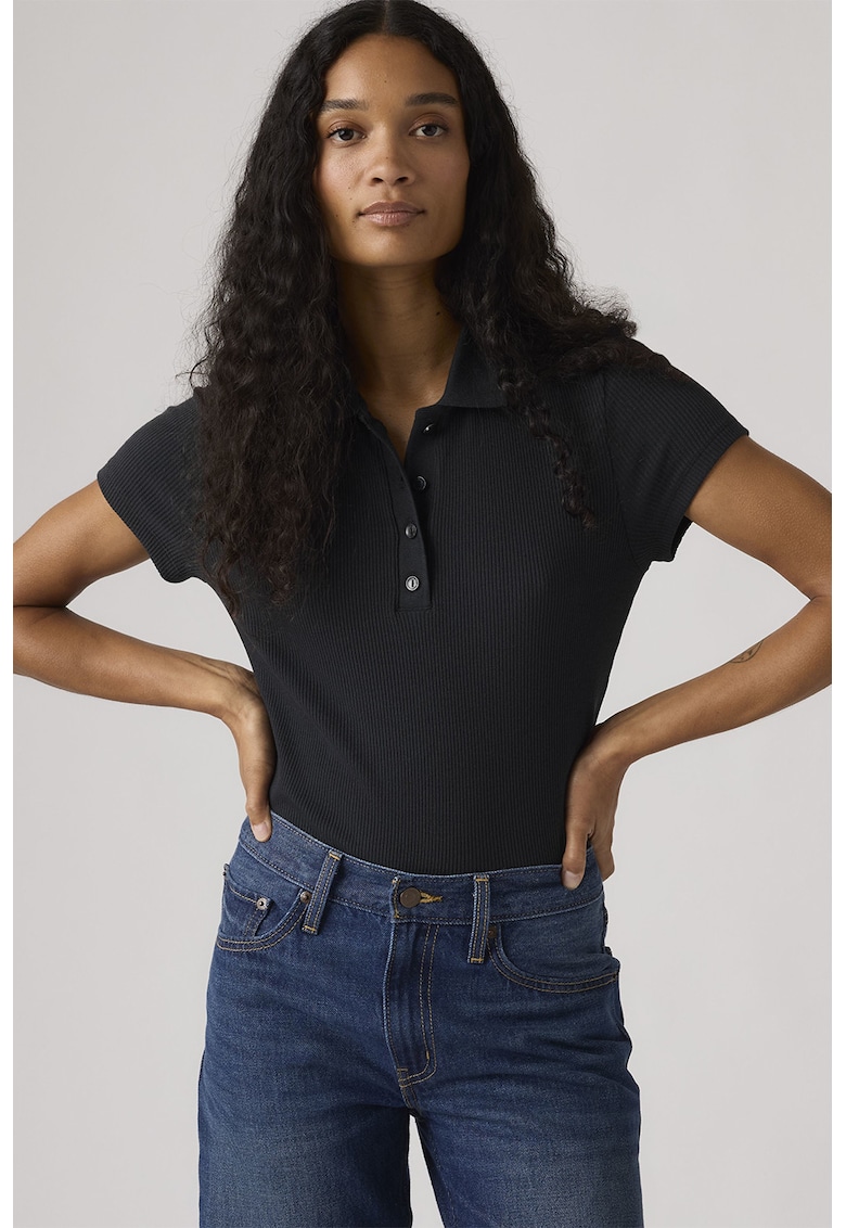 Tricou polo din amestec de modal cu aspect striat - Negru