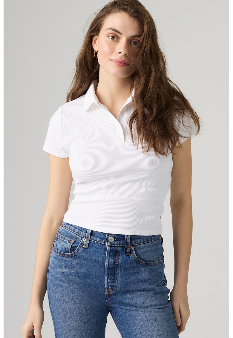 Tricou polo din amestec de modal cu aspect striat - Alb optic