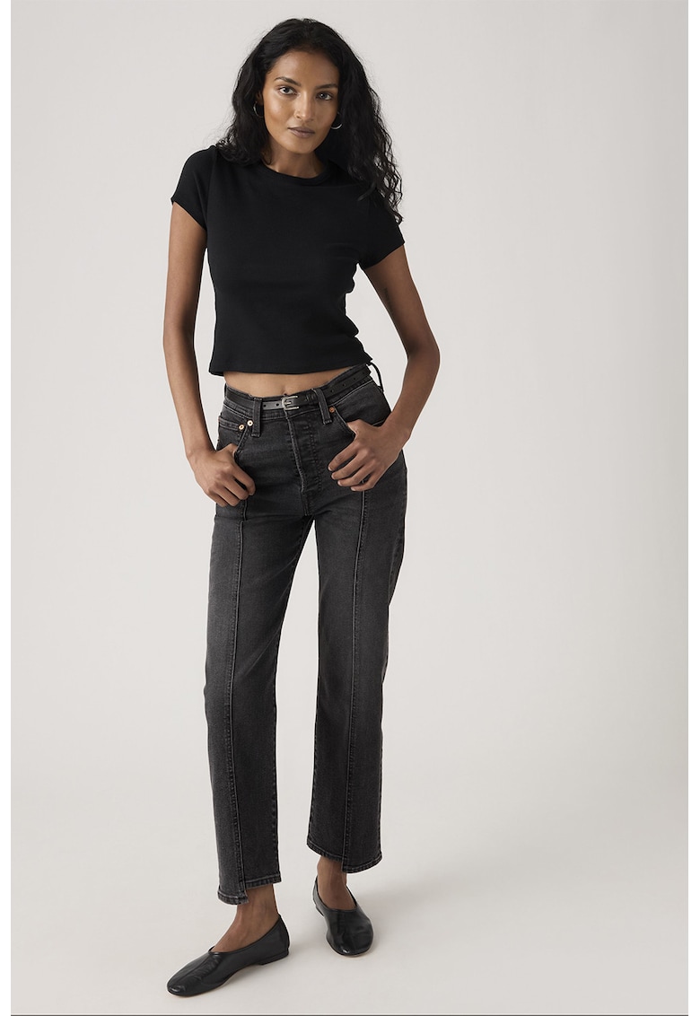 Blugi cu croiala dreapta - nasturi si terminatii asimetrice - Gri inchis