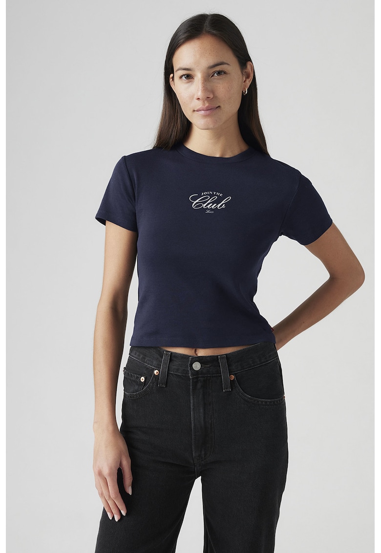 Tricou slim-fit din bumbac cu imprimeu pe piept - Bleumarin