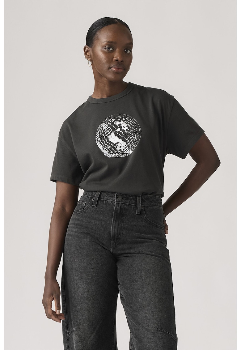 Tricou cu imprimeu si maneci cazute - Alb/Gri antracit