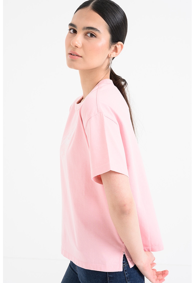 Tricou cu imprimeu si maneci cazute - Roz pastel