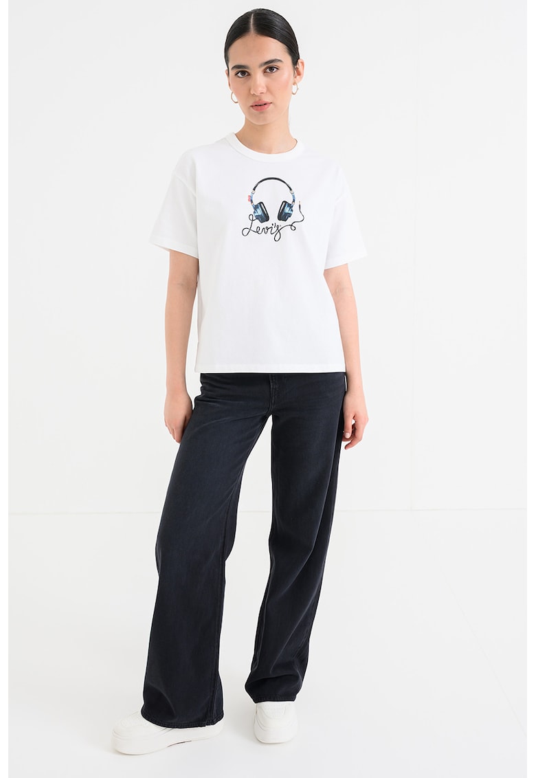 Tricou cu imprimeu si maneci cazute - Alb/Negru/Albastru petrol