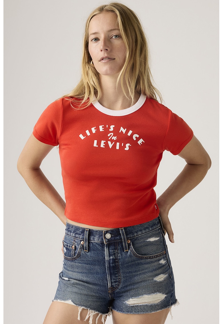 Tricou crop cu croiala slim-fit - Coral/Alb optic