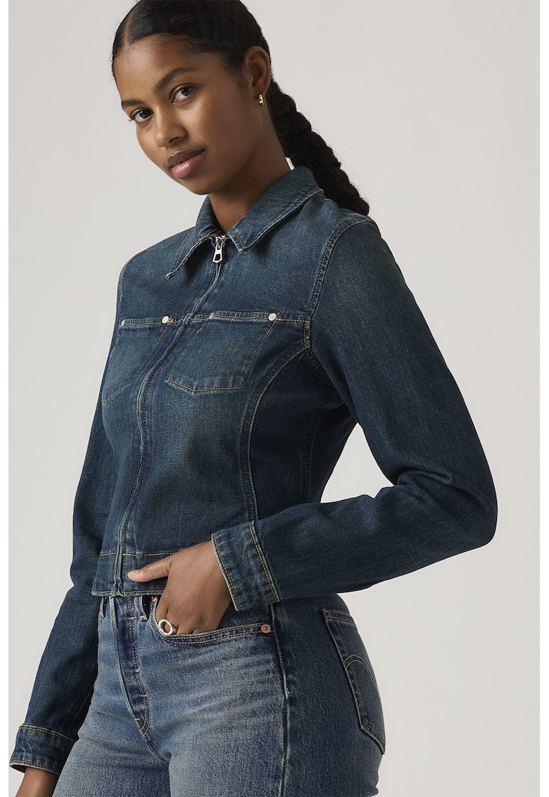 Jacheta din denim cambrata cu fermoar - Albastru prafuit