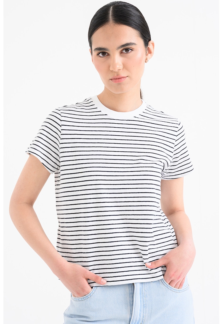 Tricou cu decolteu la baza gatului si dungi - Alb/Negru