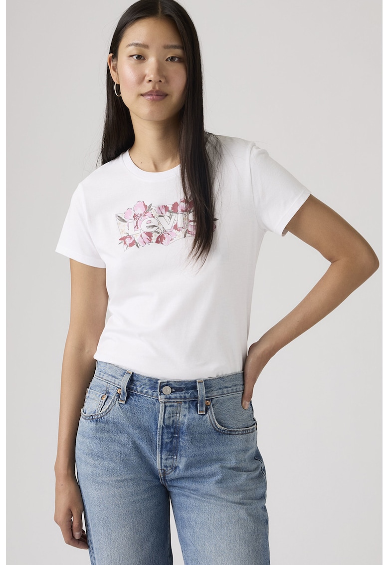 Tricou din bumbac cu imprimeu - Roz pastel/Alb optic