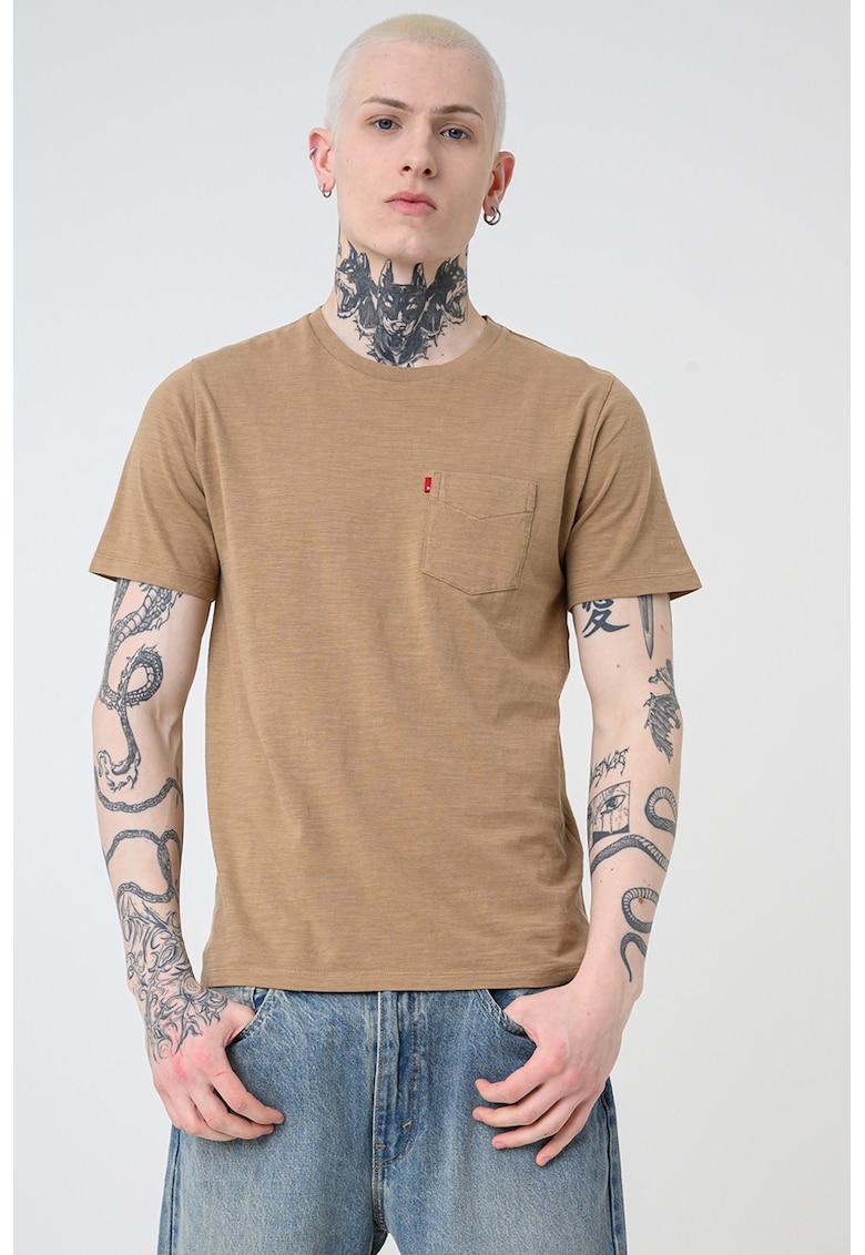 Tricou de bumbac cu buzunar pe piept - Maro deschis