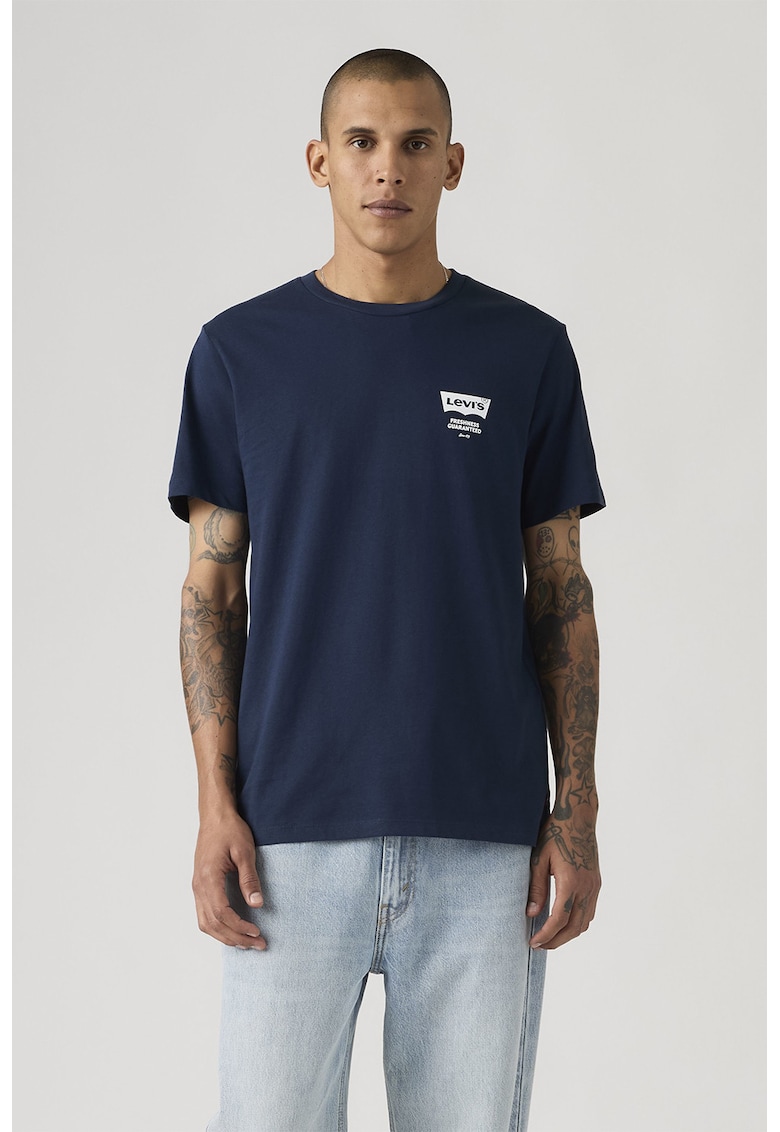 Tricou din bumbac cu decolteu la baza gatului si logo - Alb/Albastru pastel