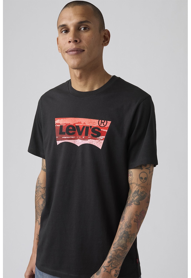 Tricou din bumbac cu decolteu la baza gatului si logo