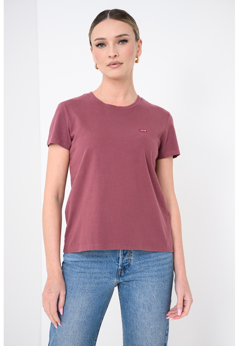Tricou din bumbac cu decolteu la baza gatului si model in dungi - Roz prafuit
