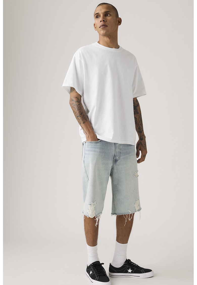 Pantaloni scurti din denim cu aspect deteriorat - Albastru deschis