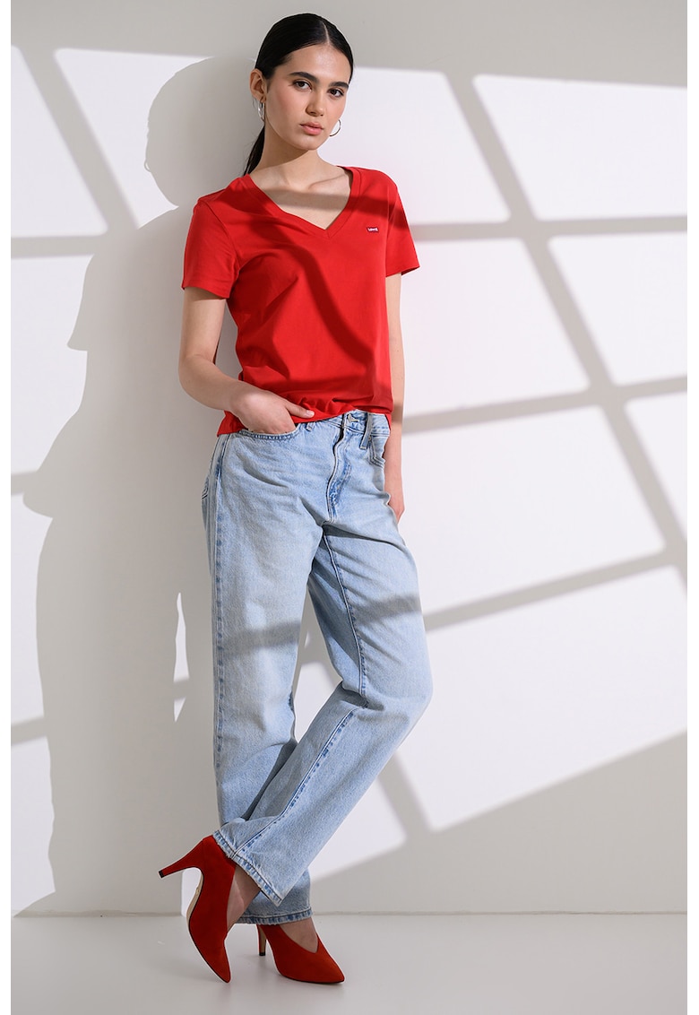 Tricou din bumbac cu decolteu in V si detaliu logo - Rosu/Rosu inchis